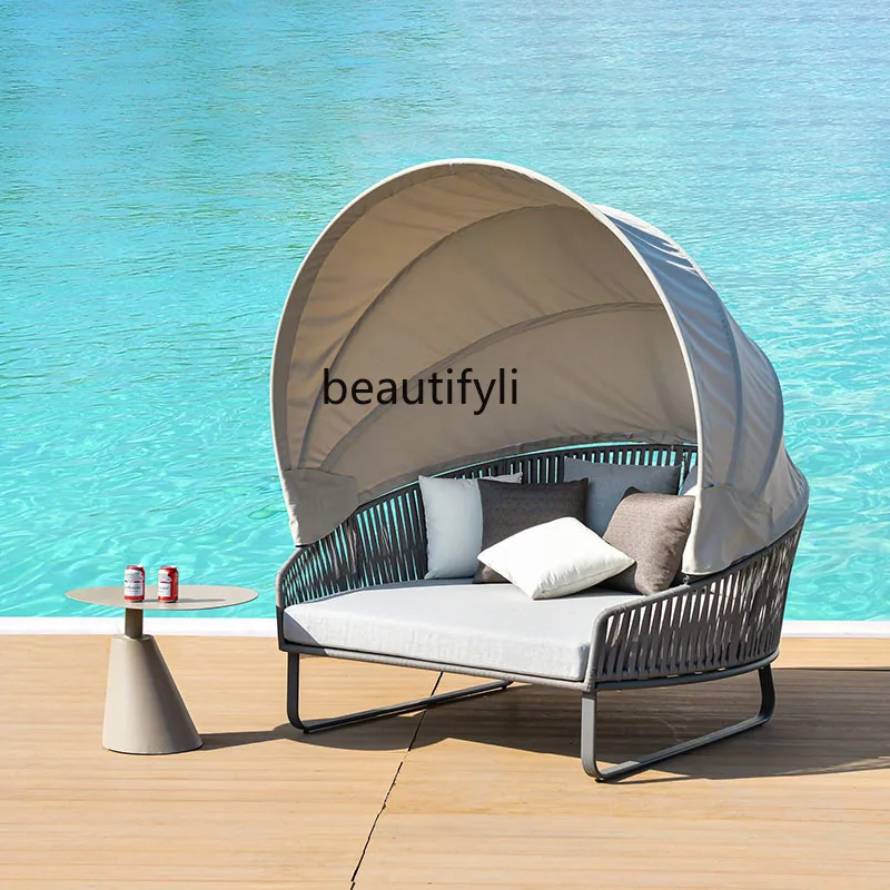 

Outdoor recliner with canopy waterproof sunscreen outdoor round beach rattan bed villa round