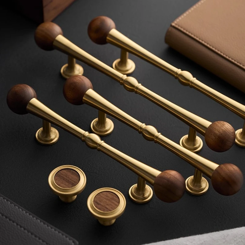 American Style Brass Walnut Furniture Handles and Knobs for Kitchen Home Drawers Vintage Long Handles for Wooden Furniture