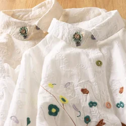 2025 Mori girl spring autumn white beige flower lace embroidery shirts and blouses 100% cotton boho chic clothes