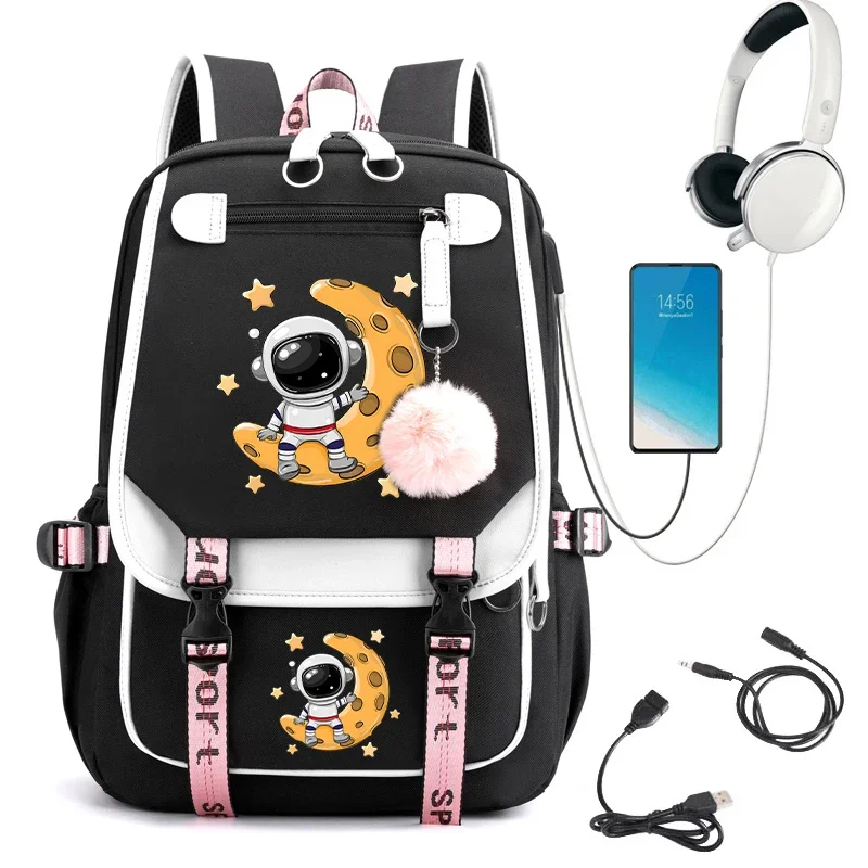 

Cartoon Astronaut on The Moon Print for Lovely Teenager Girls Schoolbag Usb Charging Backpack