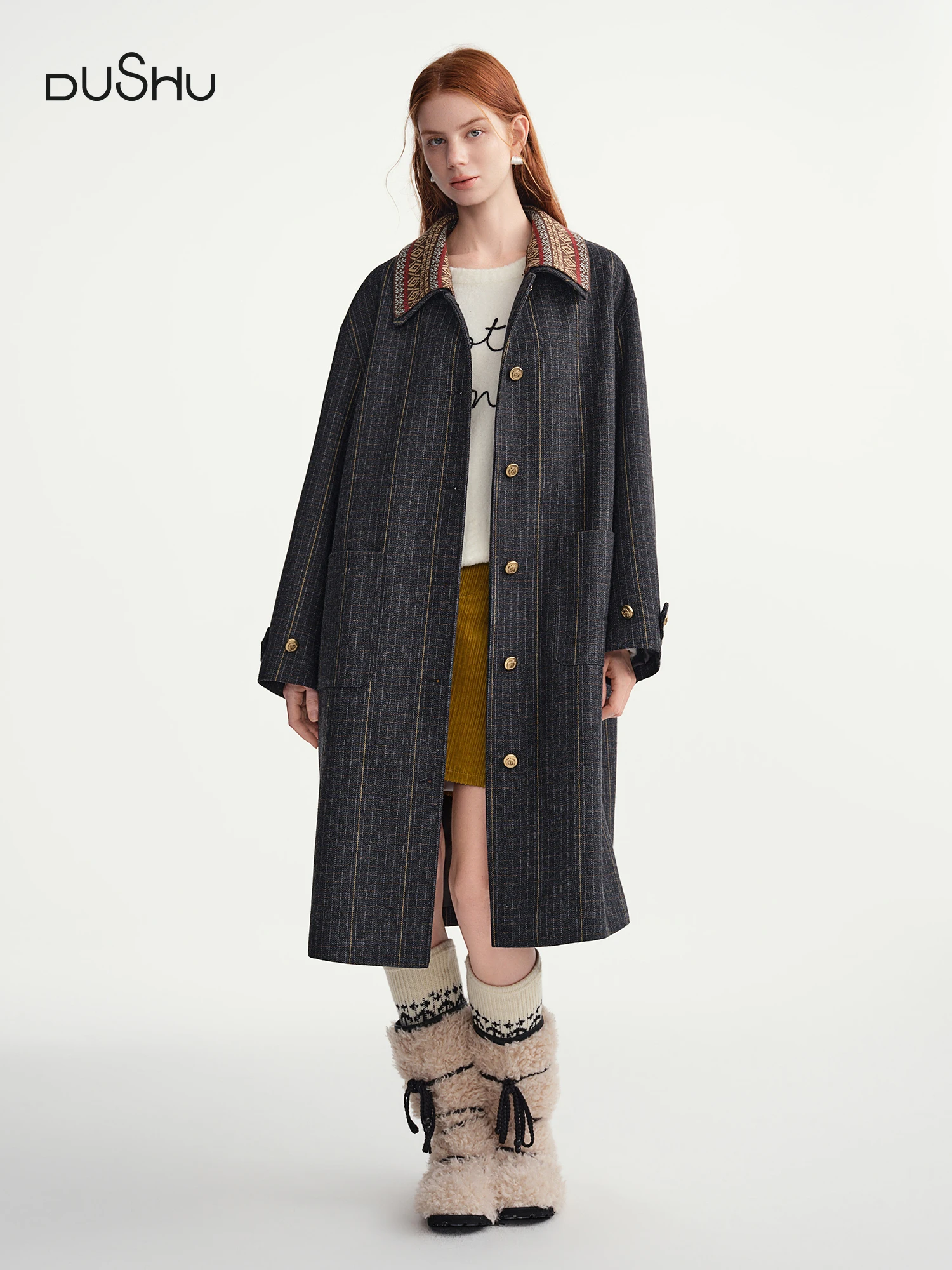 

DUSHU Большие размеры, женская обтягивающая верхняя одежда в клетку в стиле ретро Fair Isle, съемная однолицевая шерстяная верхняя одежда средней длины, пальто, Новое поступление 2023 года