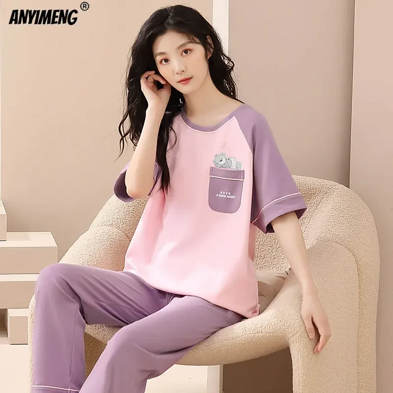 Elegant Lady Purple Sleepwear Chic Flamingo Cotton Pajamas Set for Women Summer Pijamas Plus Size for Girl Bow Decor Cute Pijama