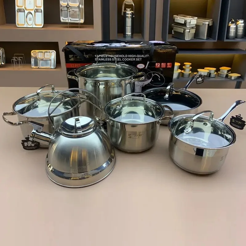 Stainless steel pot set, household twelve-piece set, double bottom frying pan, milk soup pot, kitchen utensils