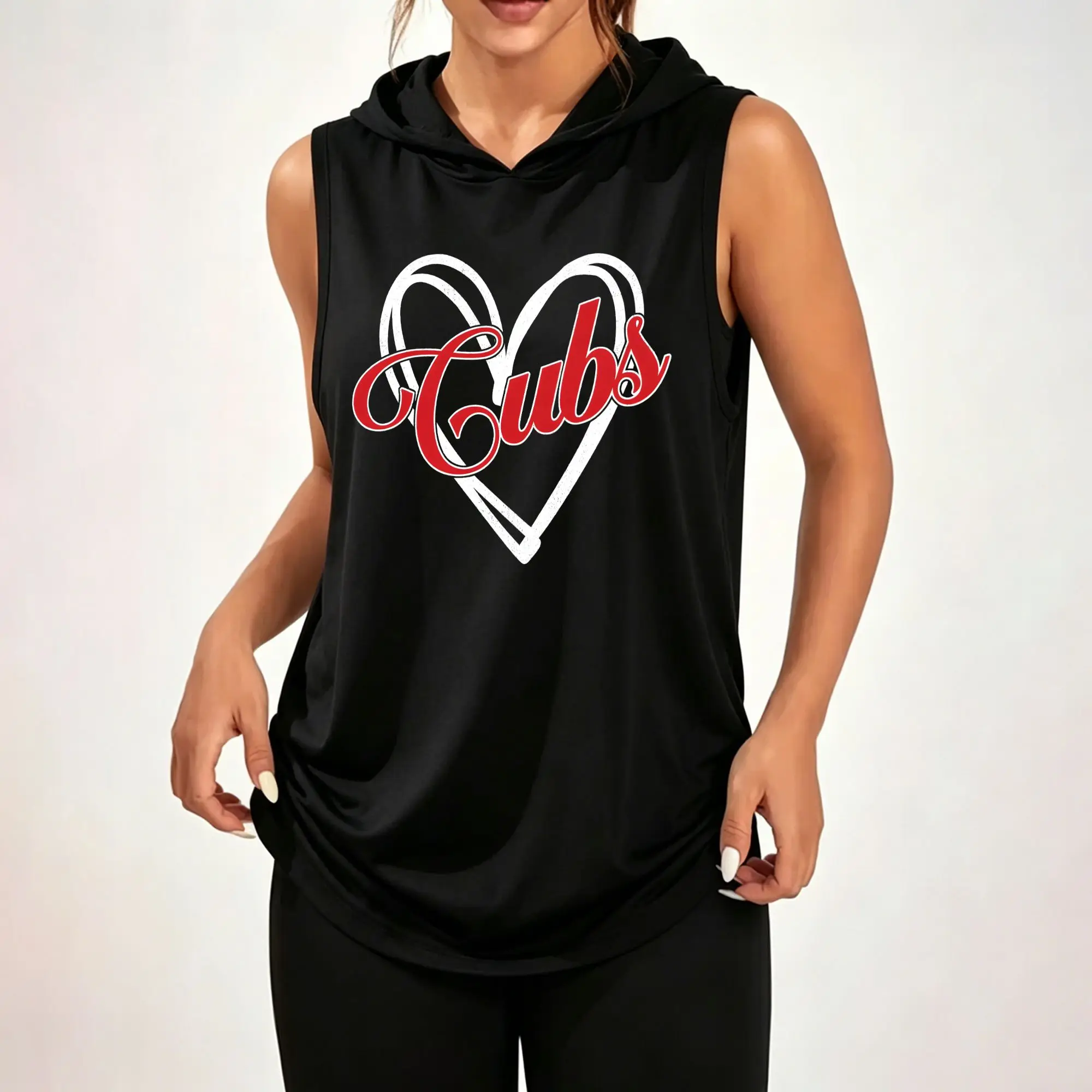 Women Sleeveless Hooded Tank Top Heart Shape "Cubs" Letter Graphic Print Vest Casual Loose Sleeveless Hoodie Daily Wear Hood Tank Tops