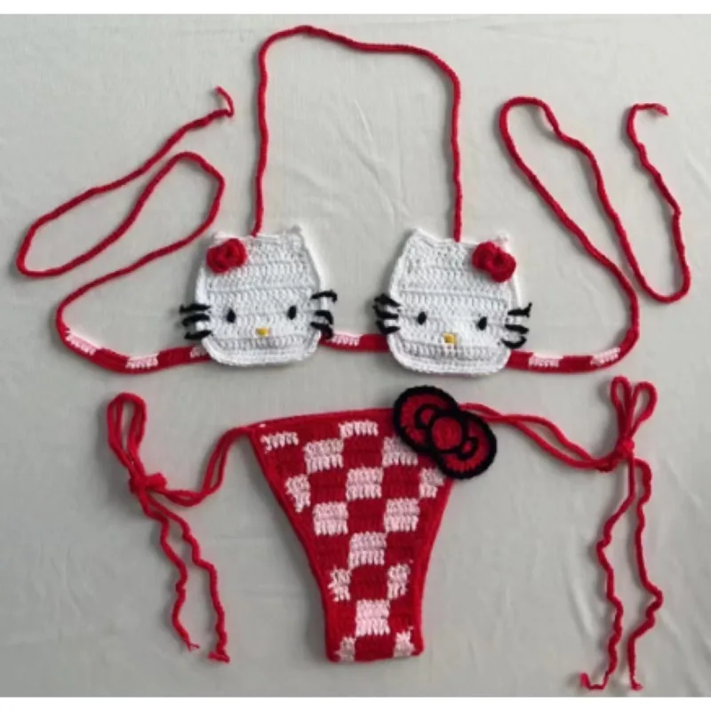 Hello Kitty-Conjunto de Bikini de ganchillo para mujer, traje de baño Sexy con Tanga, estilo Y2k, para verano, 2024