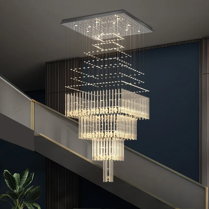 Modern Columnar Crystal Ceiling Chandelier Square Base Hanging Lamp for Living Room Light Fixture Staircase Loft Pendant Lustre