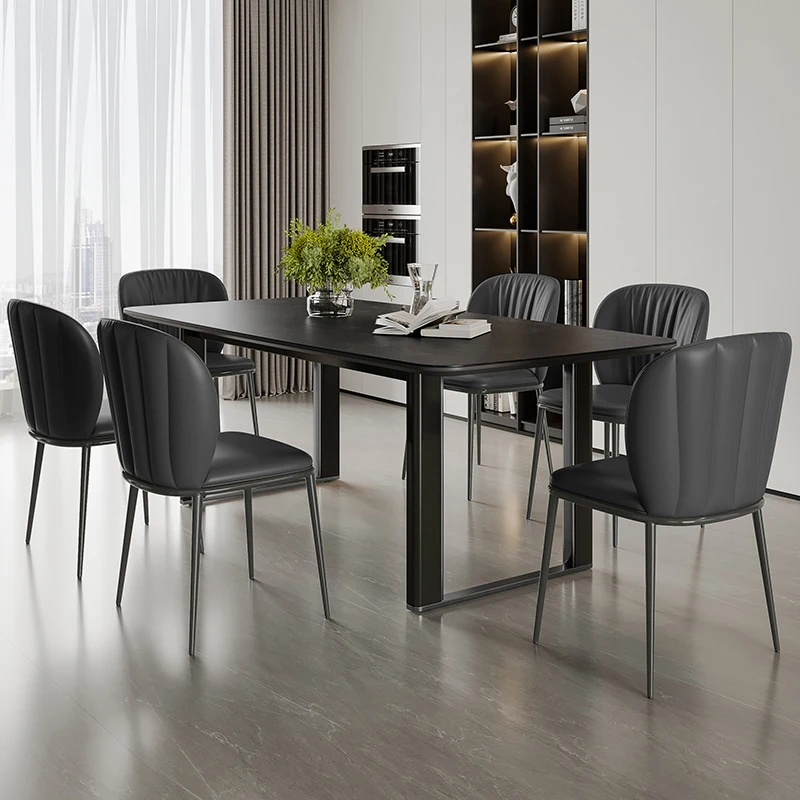 

Simple modern black gray steel slate dining table and chair combination small rectangular table