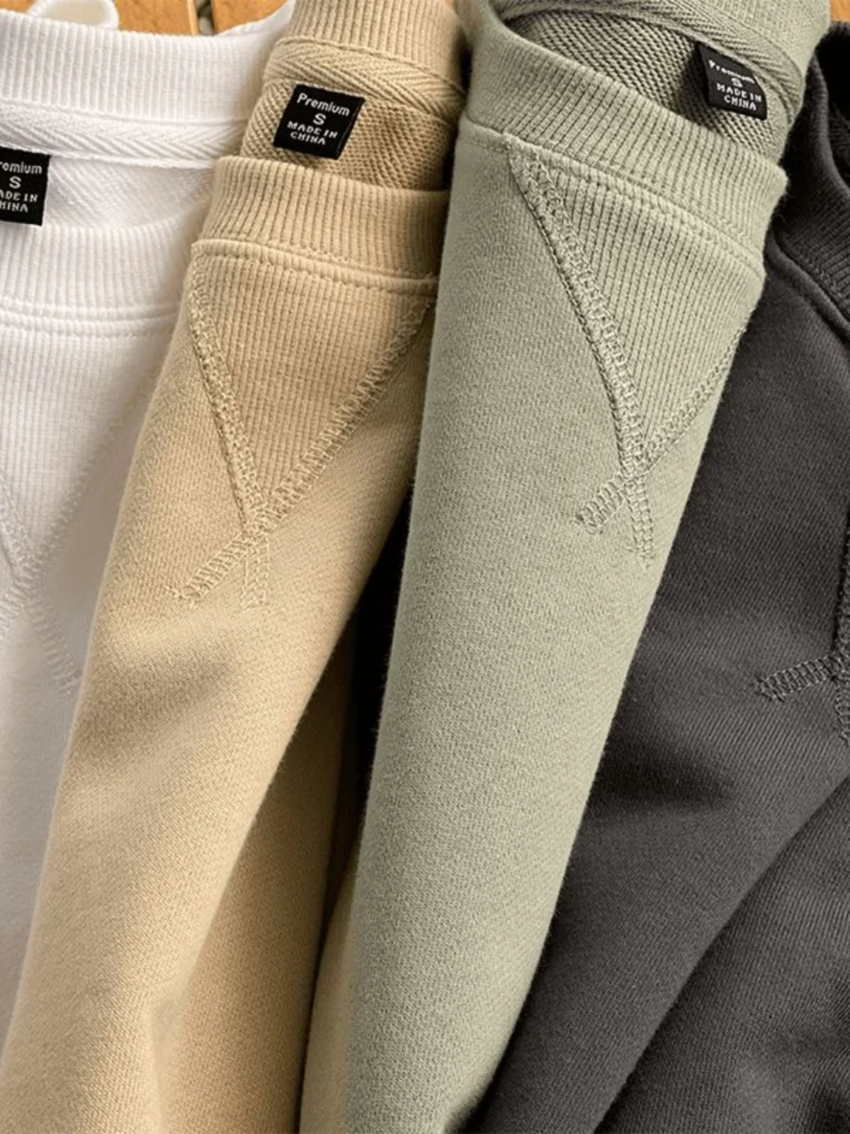 

330G heavy cotton sweater men's autumn new loose and thick long-sleeved t-shirt solid color Japanese crew neck bottoming shirt