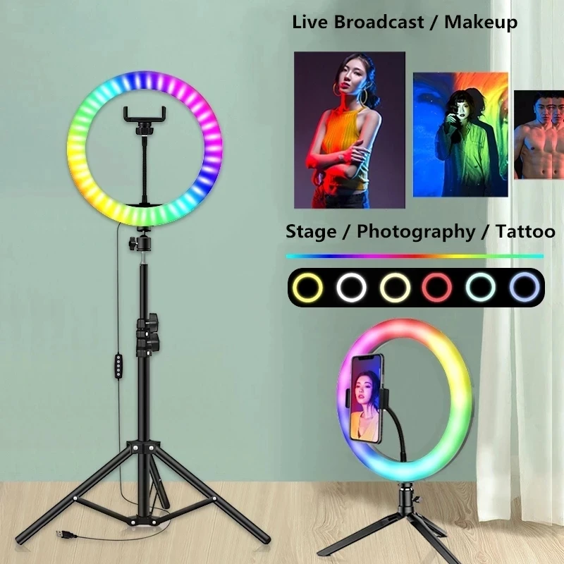 

10" RGB Selfie Ring Light Circle LED Fill Light Dimmable Lamp Video Trepied Makeup Photography With Remote Tripod For Youtuber