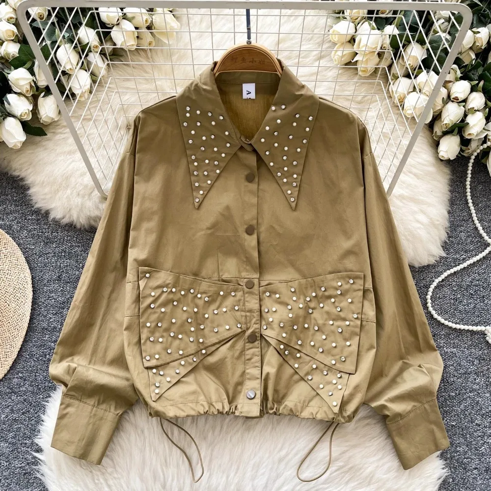 Basics Embroidered Beads Rhinestone Hotsweet Draw String Chic Turn-down Collar Long Sleeves Top High Street Spring Women Blouse