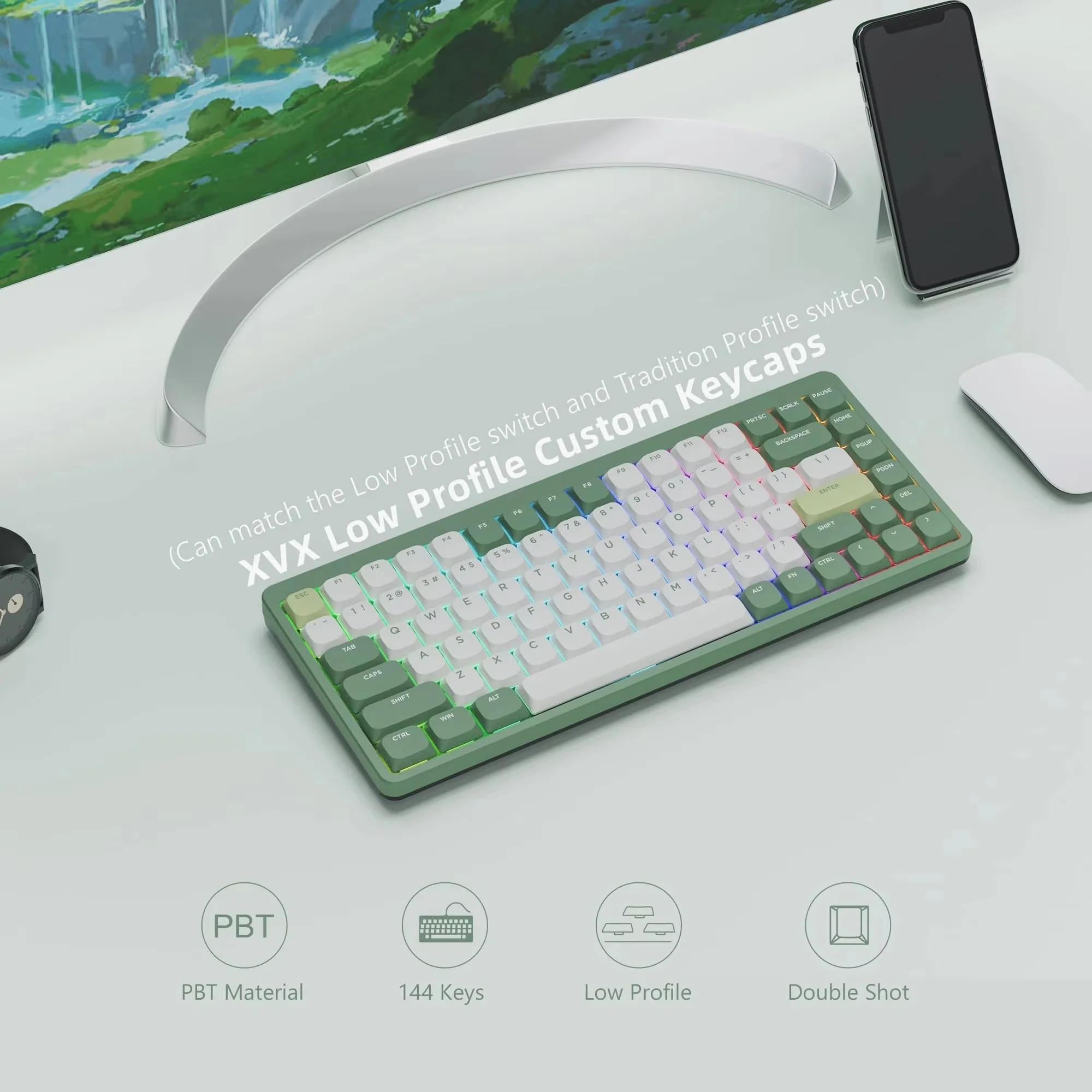 Teclas verdes XVX, teclas PBT de perfil bajo para interruptor MX 75%, teclado mecánico para jugar, doble disparo, 143 teclas