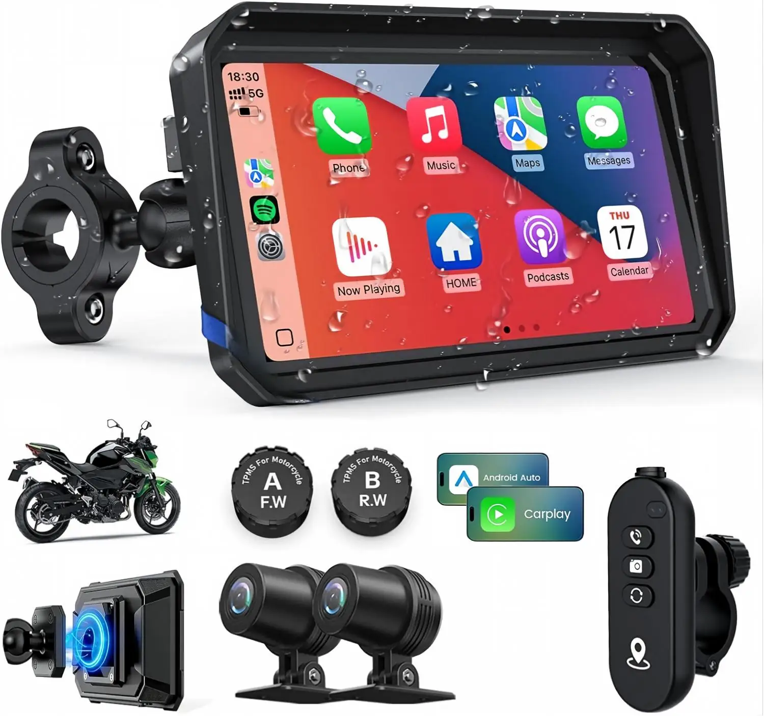 6.25 in Wireless Carplay Android Auto GPS Navigation Waterproof IP67 Portable Display Screen Support TPMS DVR Remote button
