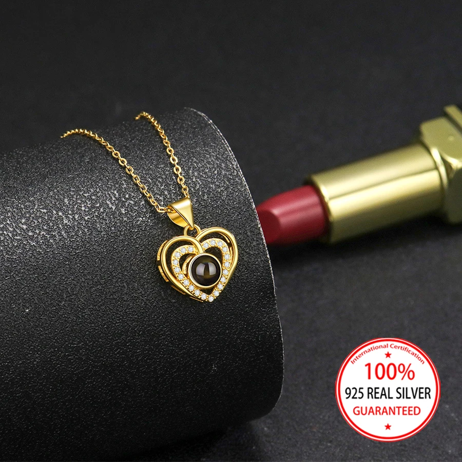 925 فضة مخصص اللون صور الإسقاط القلب قلادة قلادة رائعة خمر عيد الحب السيدات هدية عيد ميلاد #3