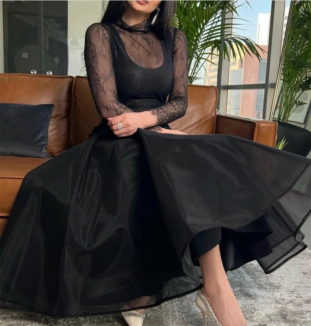 BridalAffair Elegant Short Black Lace Evening Dresses A-Line High Neck Tea Length Zipper Robe De Mariée Party Gown For Women