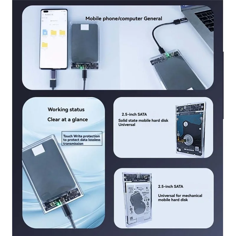 

Professional Type C HDD Enclosure 2.5 Inch SATA SSD Hard Drive Case External Enclosure Transparent Mobile External HDD Case