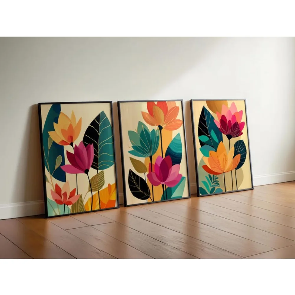 Lot de 3 tableaux muraux floraux modernes sans cadre, collection d'art numérique, art floral numérique abstrait, décoration vibrante pour la maison, téléchargement instantané