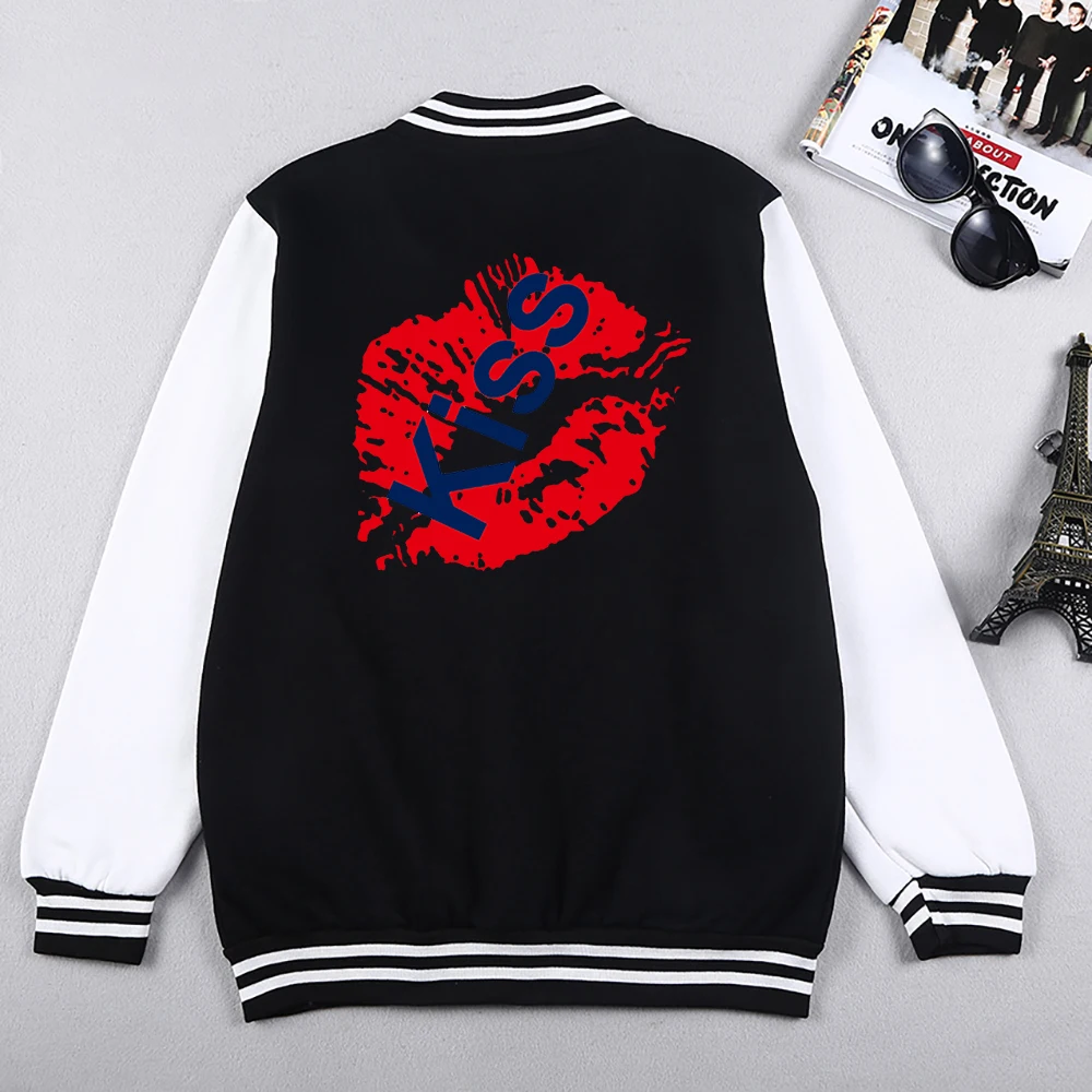 Red Lips Print Big Kiss High Street Creativity Mens Coat Harajuku Crewneck Streetwear Cartoon Fleece Clothing Man Baseball Suit