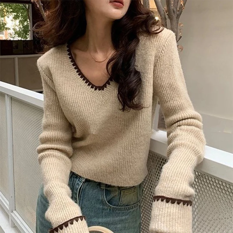 Korean Contrast Color Cropped Sweater Pullover Women Autumn V-Neck Knitted Pullovers Y2K Streetwear Long Sleeve Knitting Jumpers