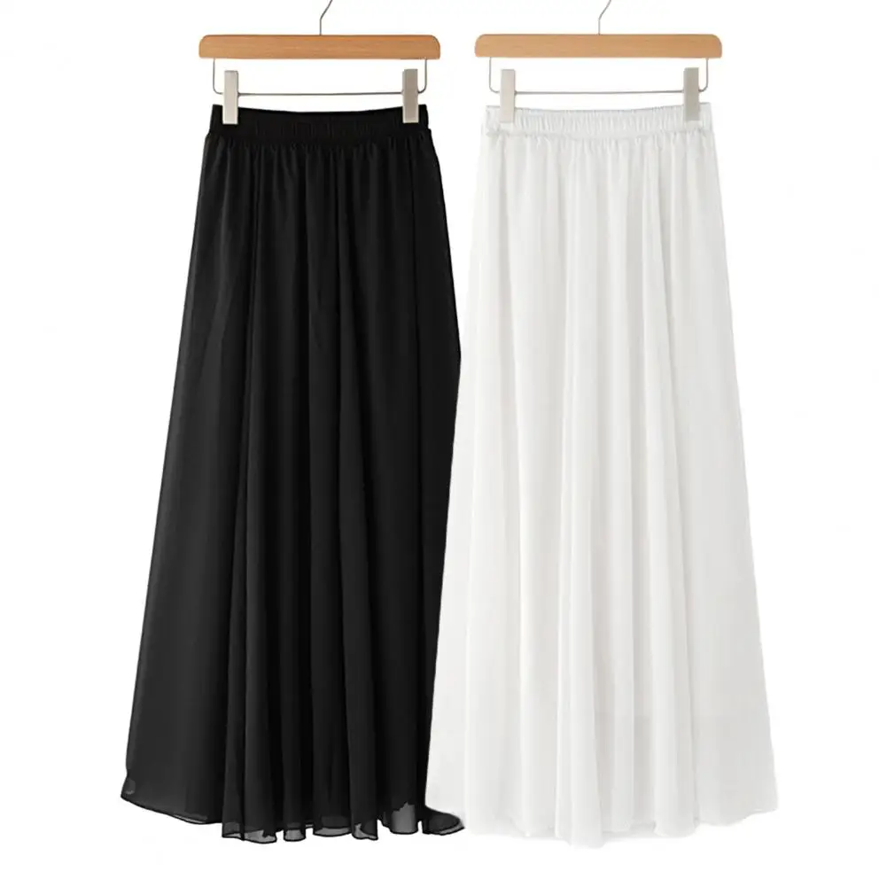 

Elastic High-waisted Skirt Women Chiffon Skirt Elastic High Waist Pleated Ankle-Length Skirt Solid Color Flowy Hem Long Skirts D
