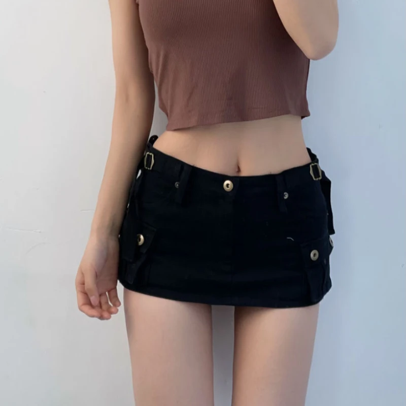 DEEPTOWN Denim Cargo Mini Skirt Women Korean Style Low Waist Slim Sexy Vintage Streetwear Green Jean Skirt Y2k Girl Summer