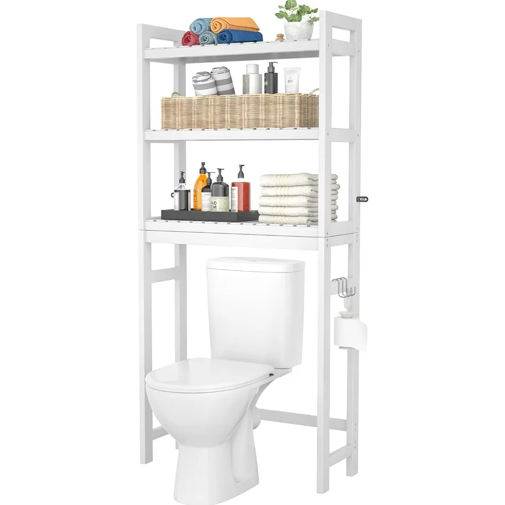 

Bamboo 3-Tier Over-The-Toilet Space Saver Organizer Rack,above Toilet Stand with 3 Hooks for Bathroom, Restroom, Laundry, White