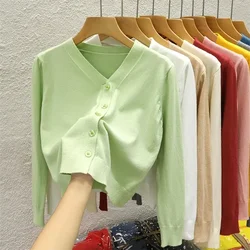 2024 New Spring and Autumn New Goose Yellow Knit cardigan Women Dopamine Outer Wear Avocado Green Outerwear V-neck Top