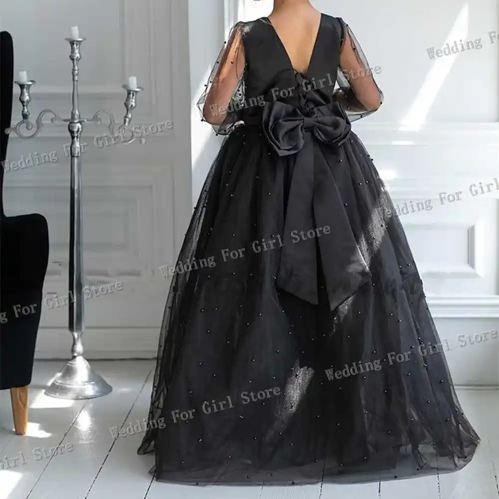 Vintage Black Pearls Ball Gown Flower Girl Dresses Backless Kid Birthday Party Dress Costumes Photography Custom