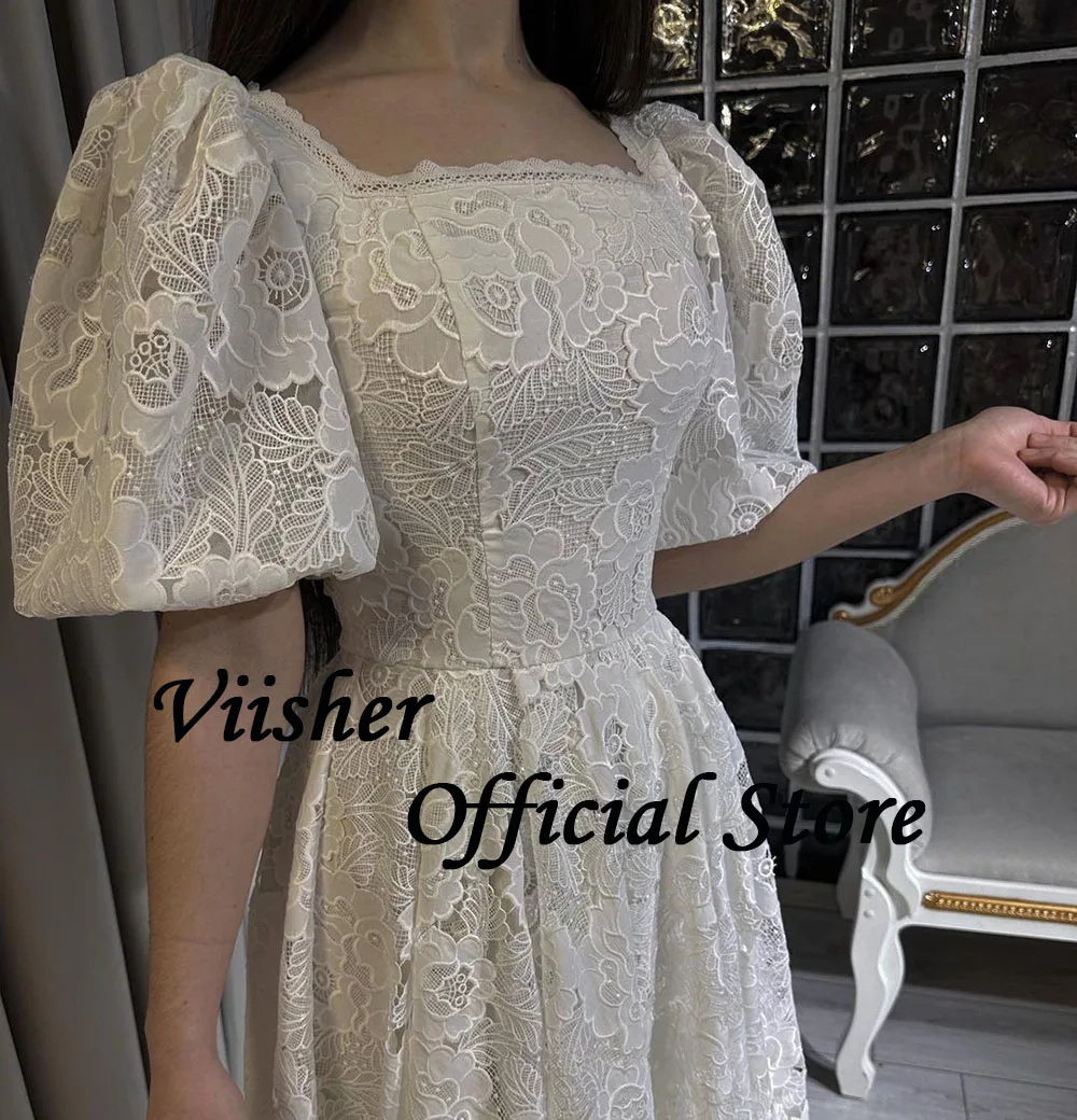 Viisher-vestidos de novia blancos con Apliques de encaje para mujer, Media manga, cuello cuadrado, una línea, hasta el tobillo