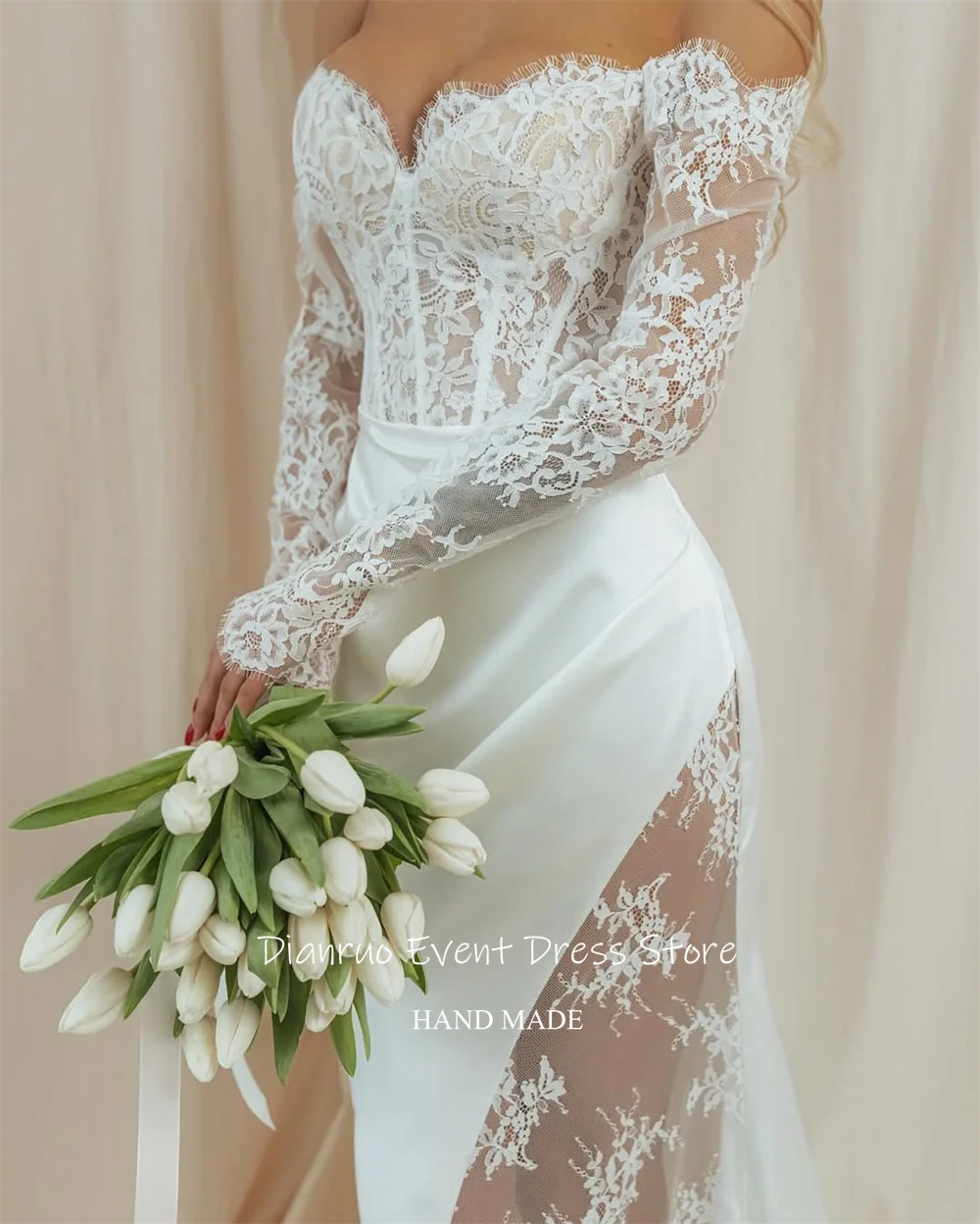 Dianruo Милая свадебная одежда с открытыми плечами и аппликациями с разрезом Vestido De Noiva, кружевное платье высокого качества для невесты, 2025 по индивидуальному заказу