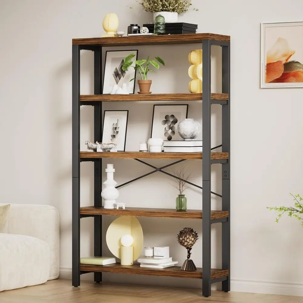 

Vintage Industrial-Style 39.37 Wide Heavy-Duty Wood and Metal Bookshelf with Lockable Wall Design for Living Room, Rustic Brown
