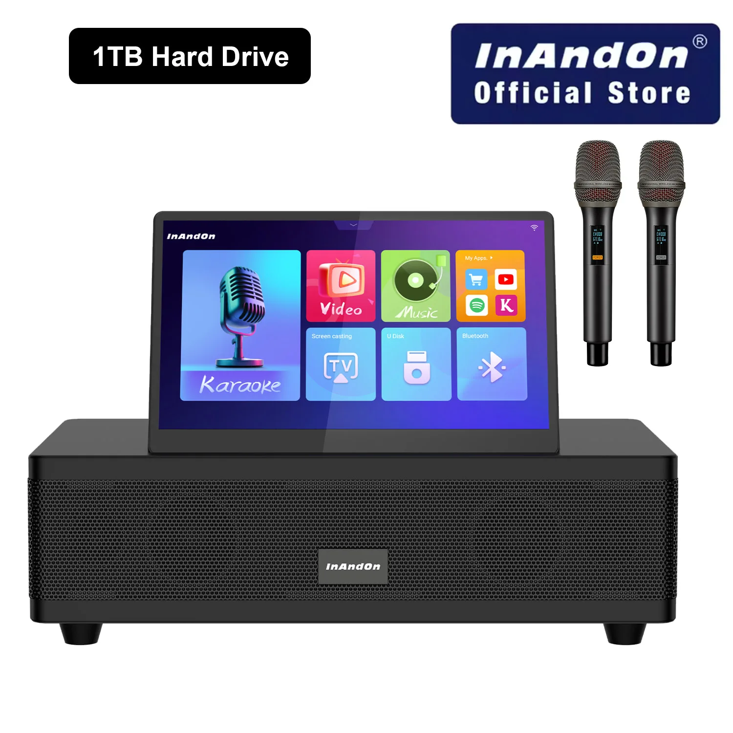 InAndOn M6 Karaoke System All in One 12.2" Screen 1TB HDD Built-in 9 Speakers 2 Wireless Microphones YouTube Bluetooth WiFi