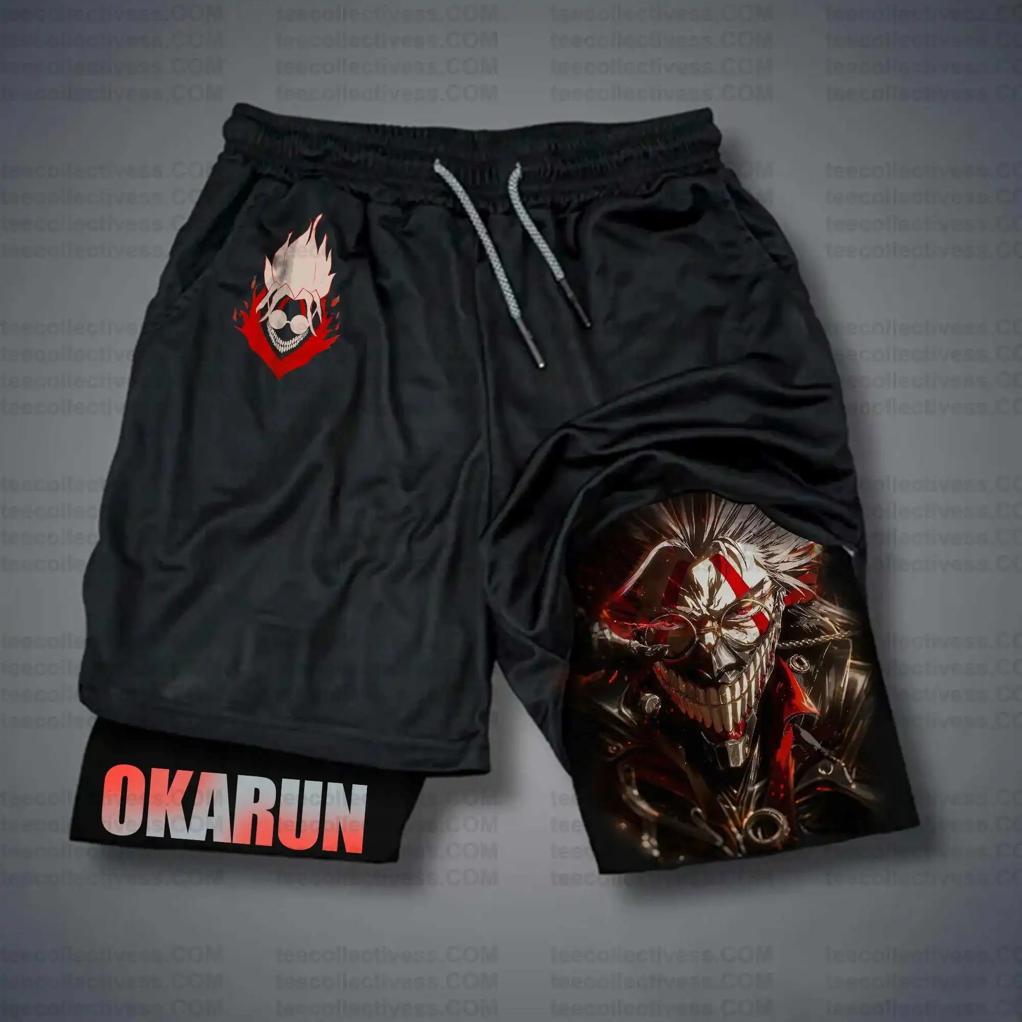 Streetwear shorts masculino algodão calças casuais 2025 verão gráfico bottoms preto base vermelho branco crânio design okarun texto esquerda simples