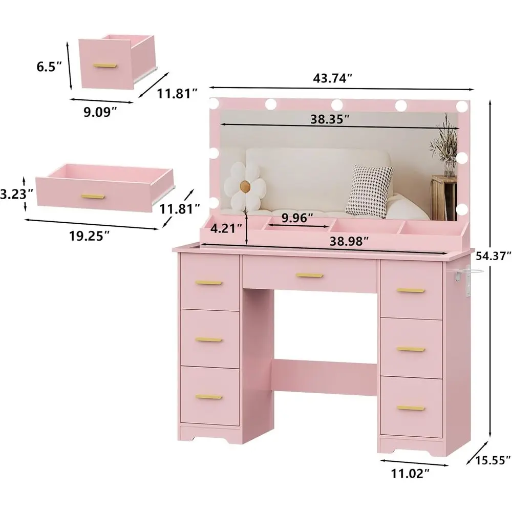 LED-Lit Makeup Vanity Desk with 7 Drawers, Glass Top, Power Outlet, Adjustable Lighting, and Pink Finish