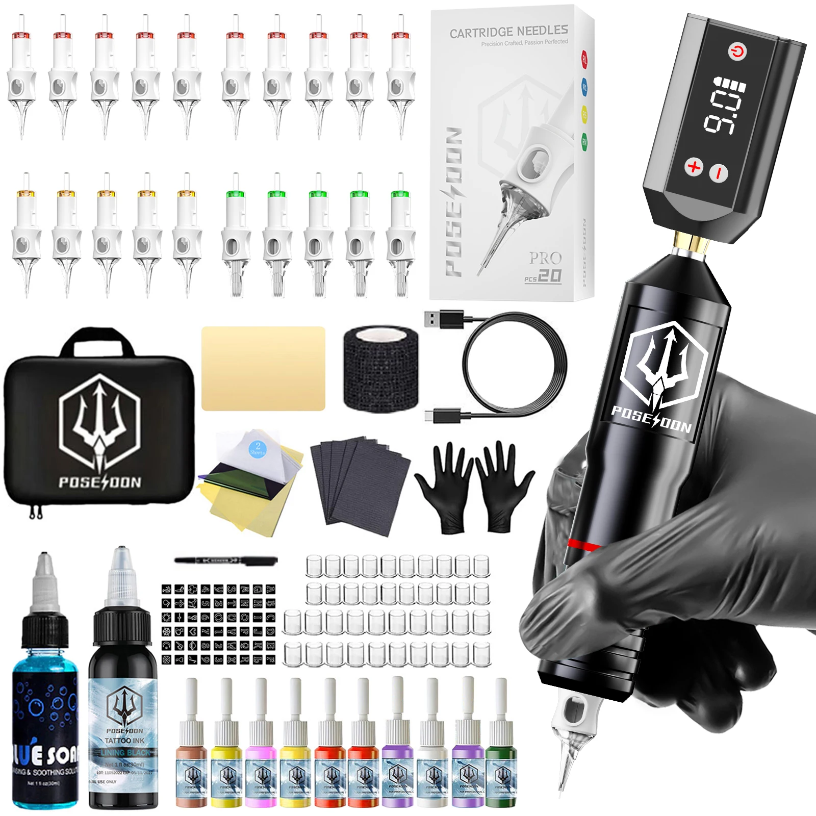 

Alloy Tattoo Pen Kit POSEIDON High Quality Black Tattoo Kit 20 Tattoo Needles High Power Tattoo Power Supply Tattoo Gun Kit