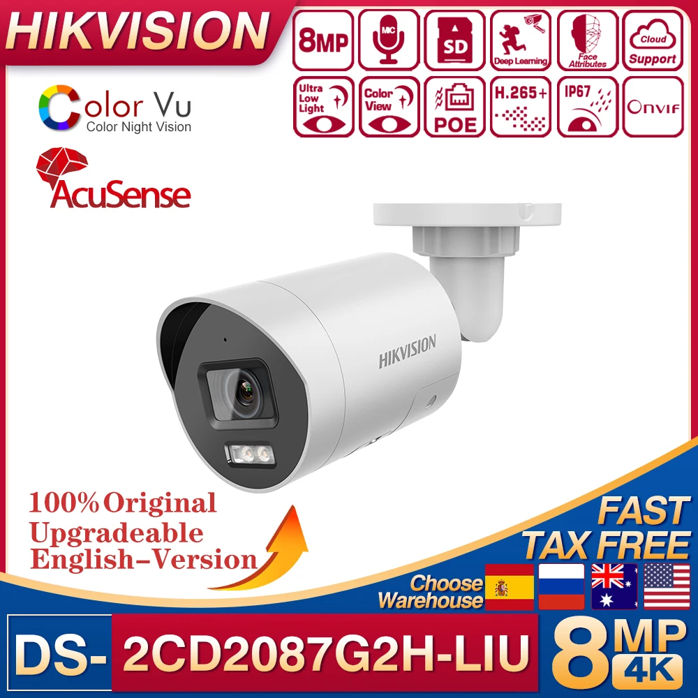 Original Hikvision 8MP 4K DS-2CD2087G2H-LIU Acusene Smart Hybrid Light with ColorVu Fixed Mini Bullet Surveillance Network Camer