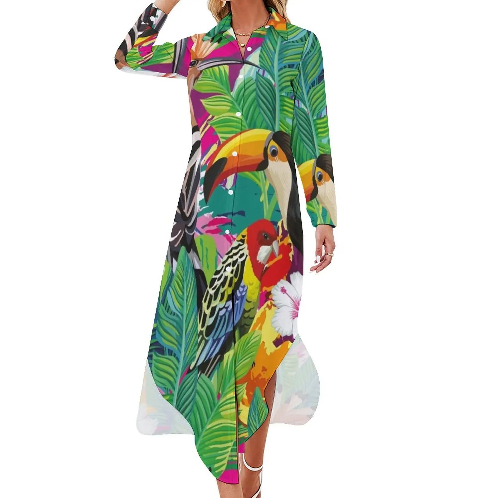 Seamless Composition Tropical Bird Toucan Parrot Hoopoe Palm Leaves Long Sleeved Shirt Dress prom dress