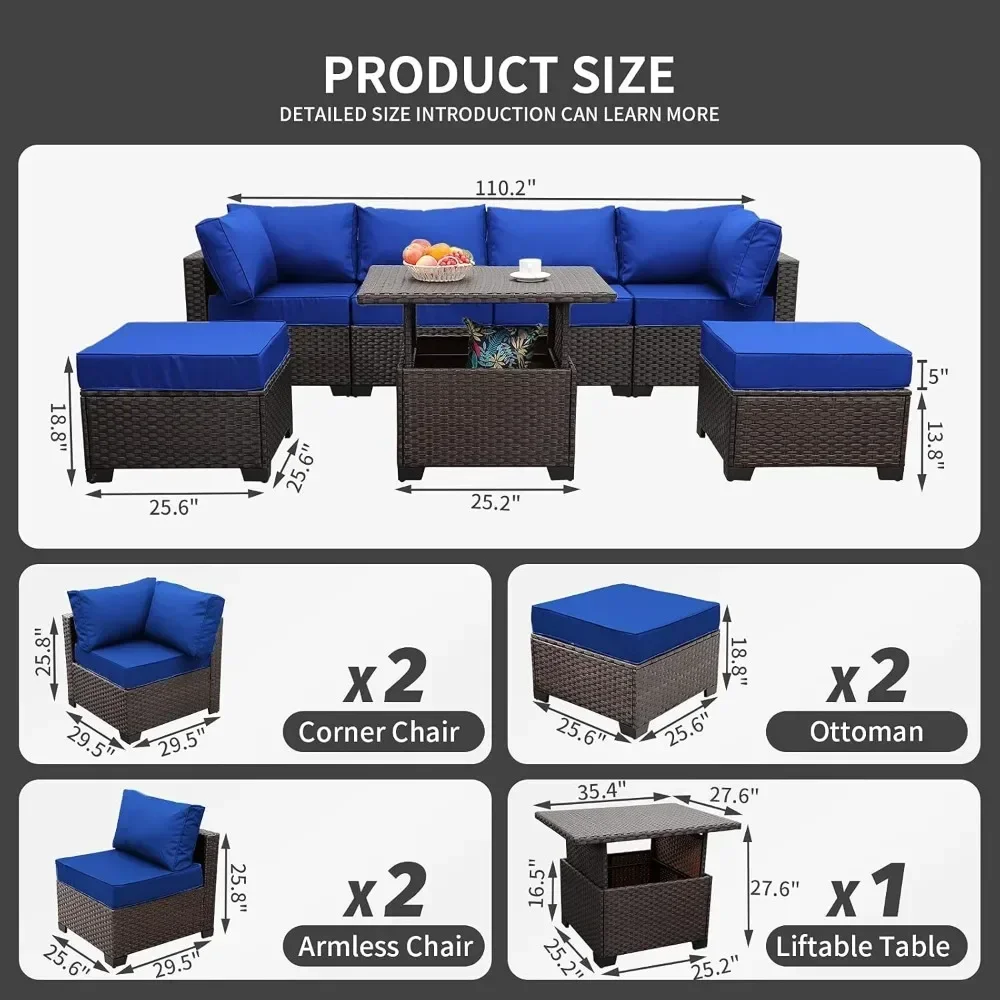 Outdoor Terrace Dark Brown Rattan 7-piece Set PE Willow Conversation Sofa with Adjustable Storage Platform