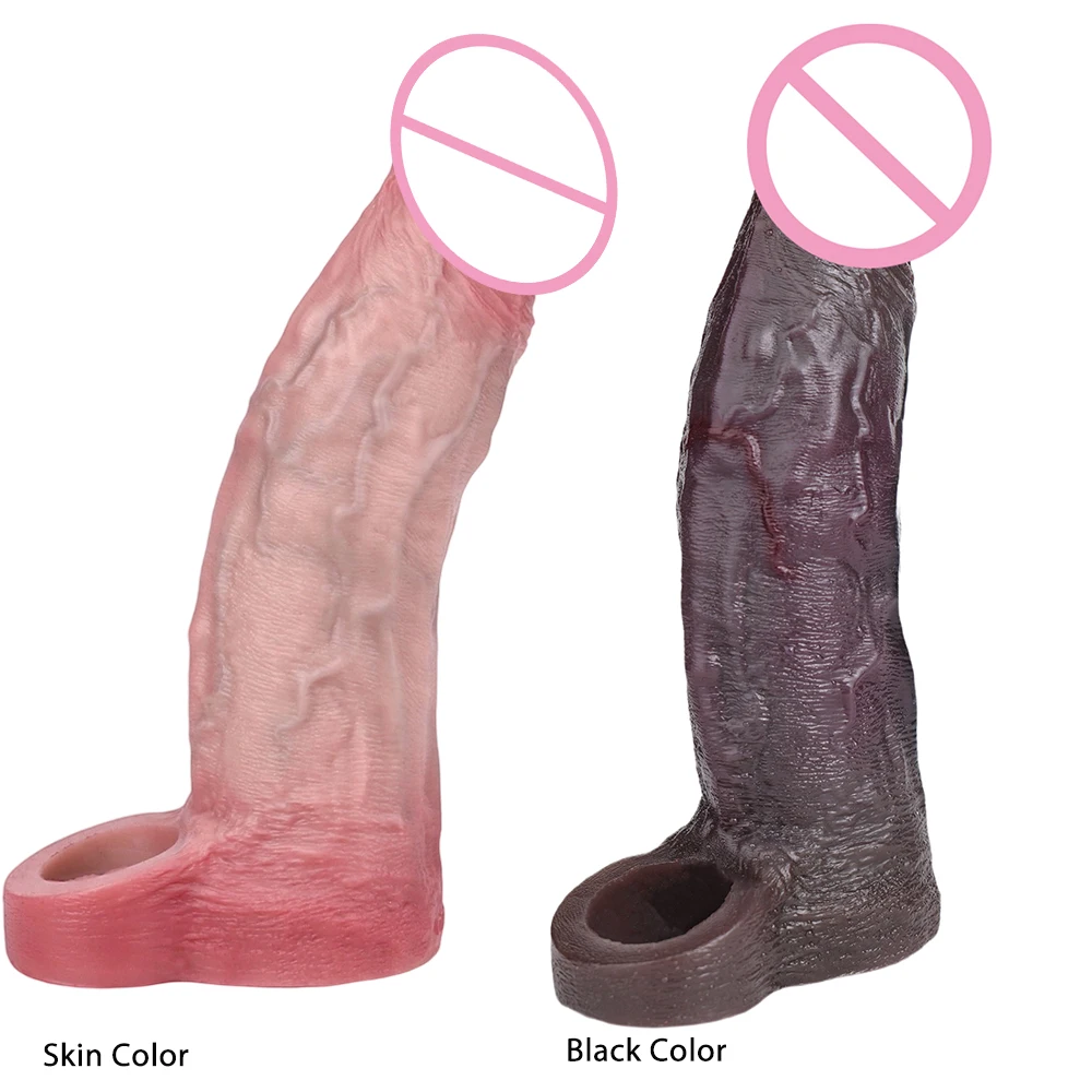 SXXY Ultra Soft Realistic Black Penis Sleeve Male Extender Lifelike Hollow Dildo  Body Safe Cock Enhancement Toy Intimate Goods view 3