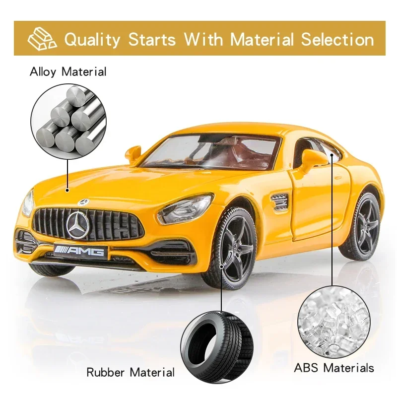 Modelo de coche Mercedes Benz AMG GTS Diecast, vehículos SupercarToy, tirar hacia atrás, aleación de Metal, alta simulación para regalo de colección, 1:36