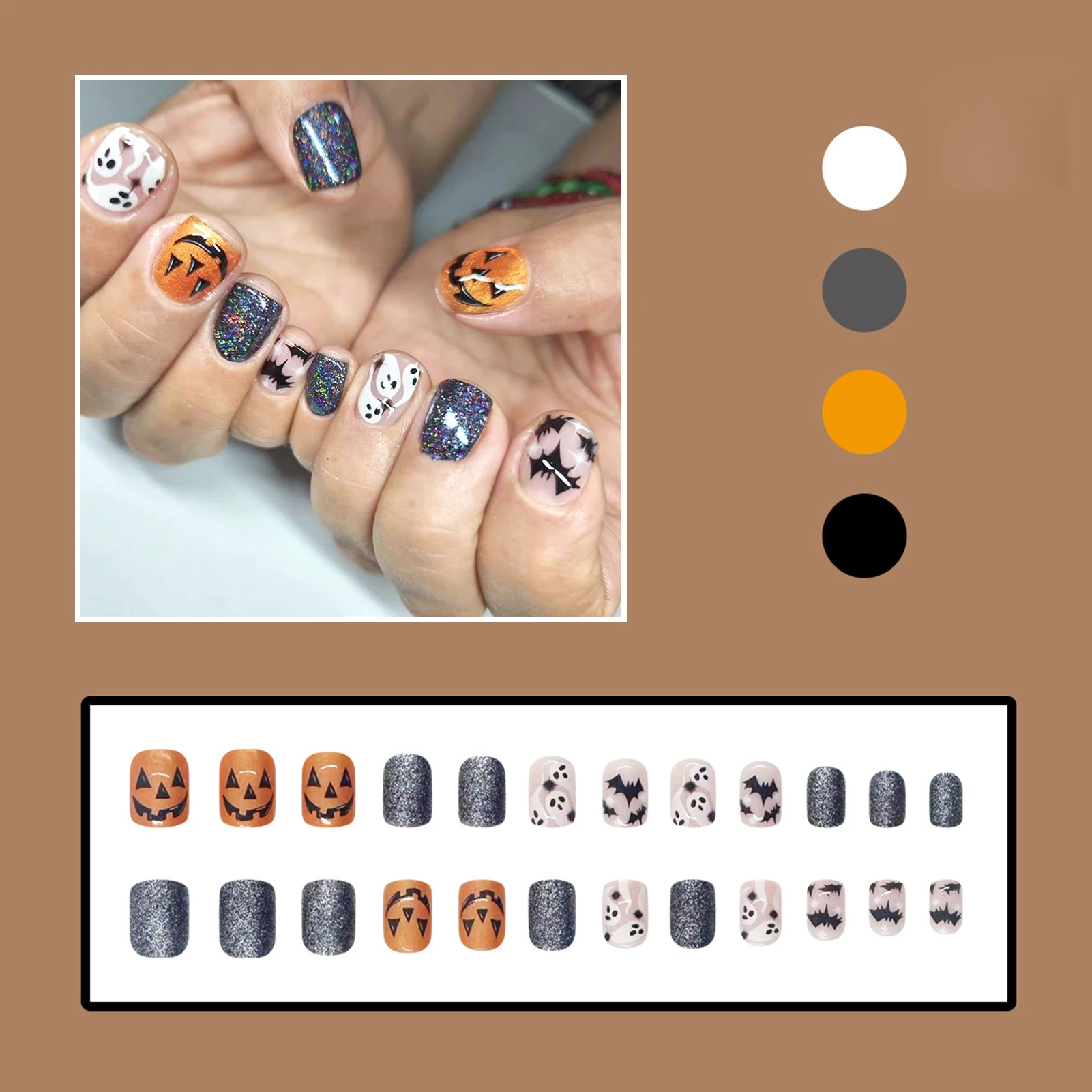 24pcs Halloween Fake Nails With Black Ghost Bat Pumpkin Design Wearable Colorful Glitter Short Square False Nails Press On Nails