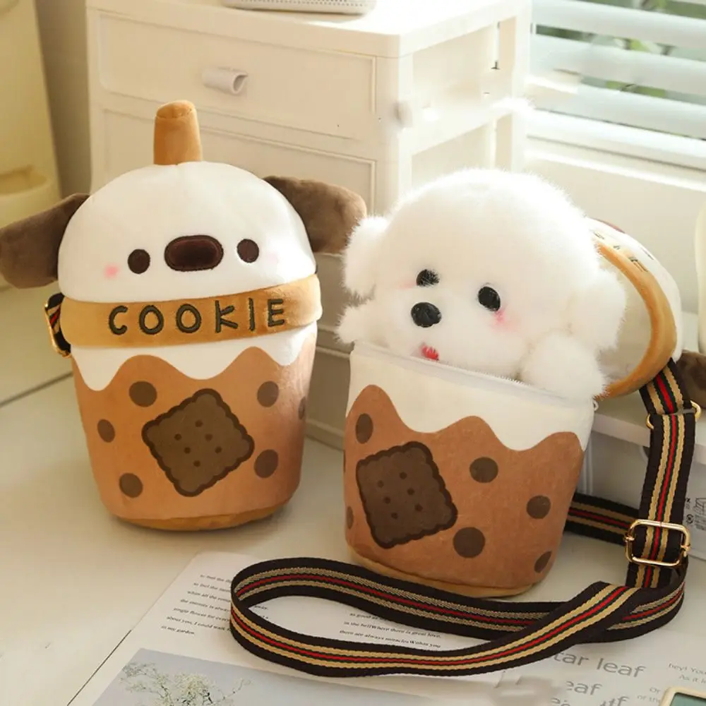 Bubble Tea Teacup Dog Plush Doll Bag Milk Tea Drink Zipper Teacup Dog Crossbody Bag Cute Cotton Stuffed Puppy Doll Handbag