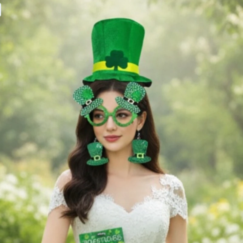 

Аксессуары для костюмов ко Дню Святого Патрика: шляпа клевера, блестящий бант, очки лепрекона и комплект зеленых усов для праздничных ирландских видов