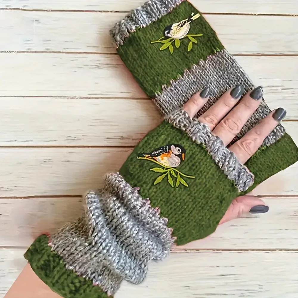 Cool geborduurde vogel halfvingerhandschoenen Zacht winddicht Gebreide vingerloze handschoenen Patchwork Warme Y2k Winterwanten Outdoor