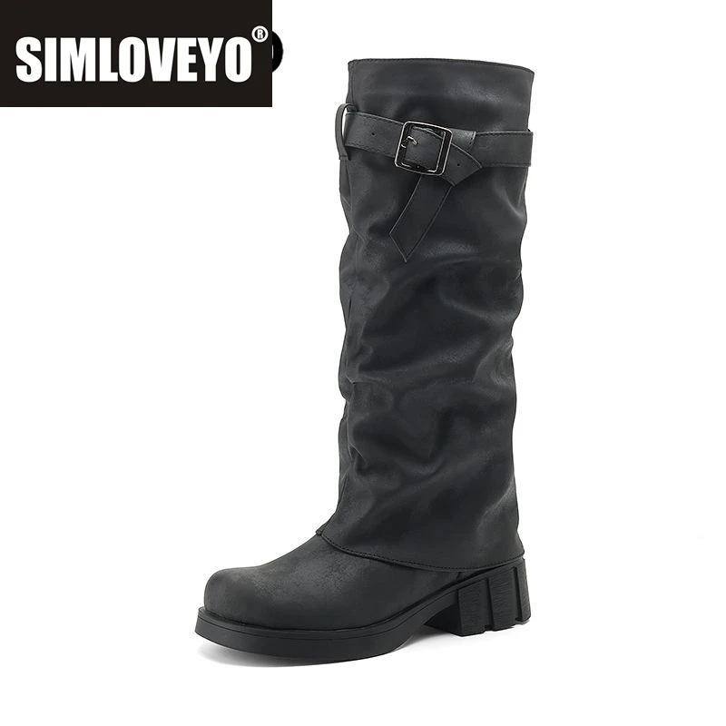 

SIMLOVEYO модные женские сапоги до колена с круглым носком на массивном каблуке без шнуровки с пряжкой на ремне, большой размер 42, 43, длинные длинные бота в британском стиле в стиле ретро