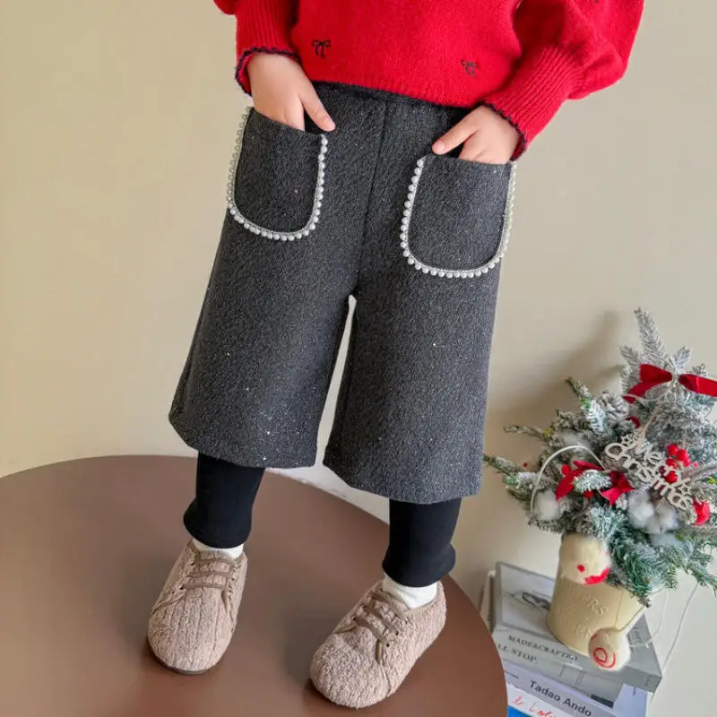 Girl Thicken Straight-Leg Pants Winter Autumn False Two-Piece Ankle Binding Pants Child Kawaii Fashion New Style Casual Clothing