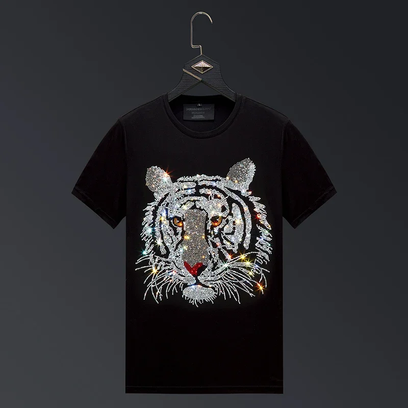 

2025 O Neck Short Sleeve T Shirts Men Fashion Streetwear Tiger Head Diamonds Slim Mercerized Cotton Casual T-shirt Plus Size 6XL
