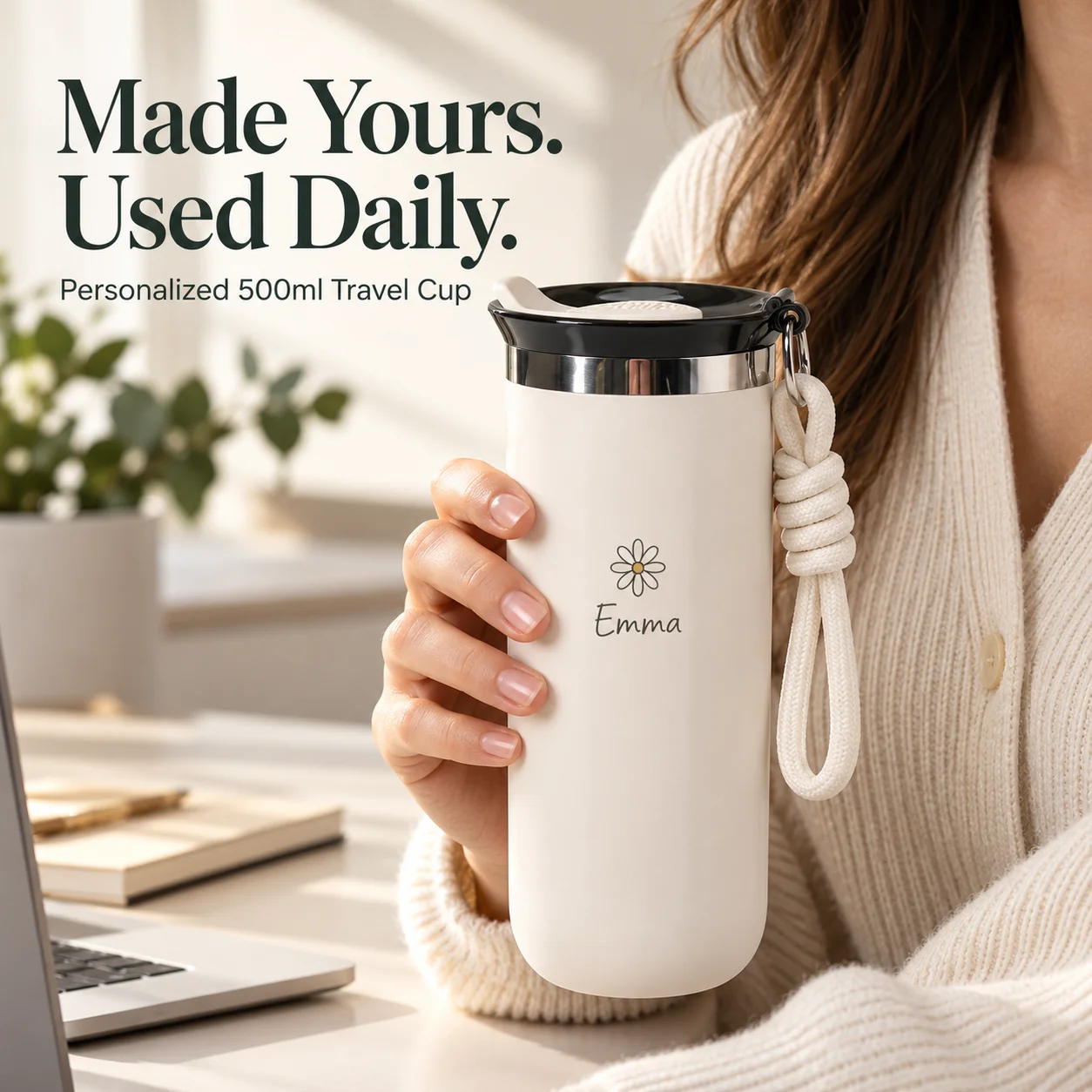 Custom Insulated Travel Mug 500ml Tall Stainless Steel With Carry Loop For Office Commute Coffee Tea Everyday Personalized Gift