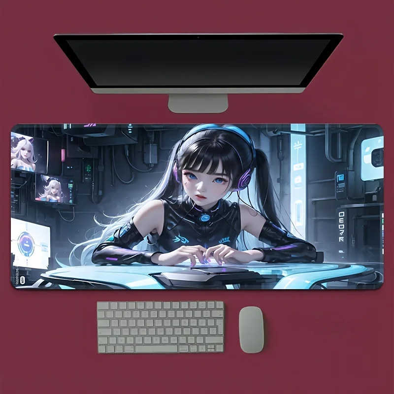 900x400mm Neon Circuit Cyberpunk Anime Girl Gaming Mouse Pad, Anti-Slip Rubber Stitched Edge, Water Resistant Desk Mat