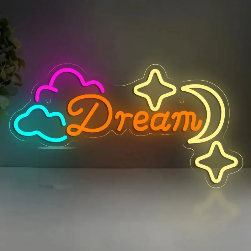

Неоновая вывеска Dream, светодиодный настенный светильник в виде облака, луны и звезд, милый эстетичный декор для спальни, детской комнаты, яслей, идеальный подарок для девочек
