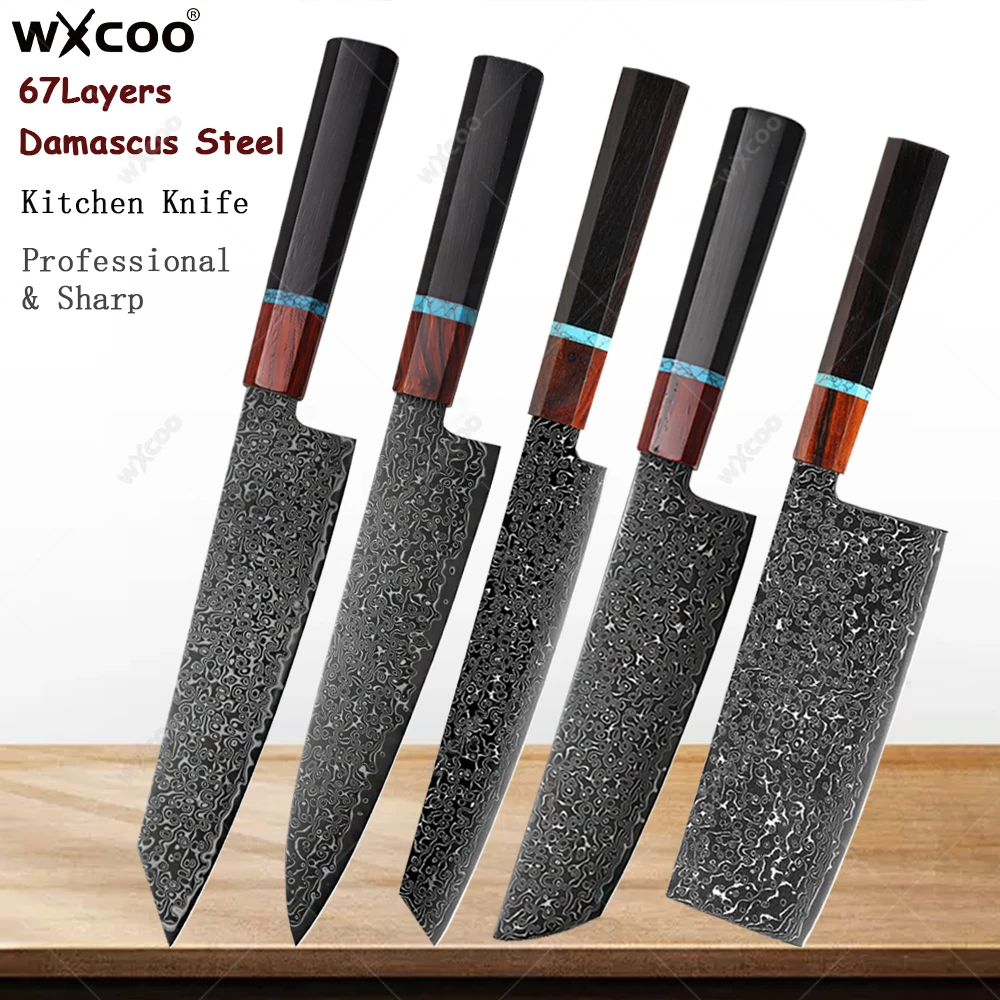 

1-5pcs Professional Japanese Chef Knife Set Damascus Steel VG10 Slicing Meat Fish Fruit Kitchen Cleaver Knives with Gift Box